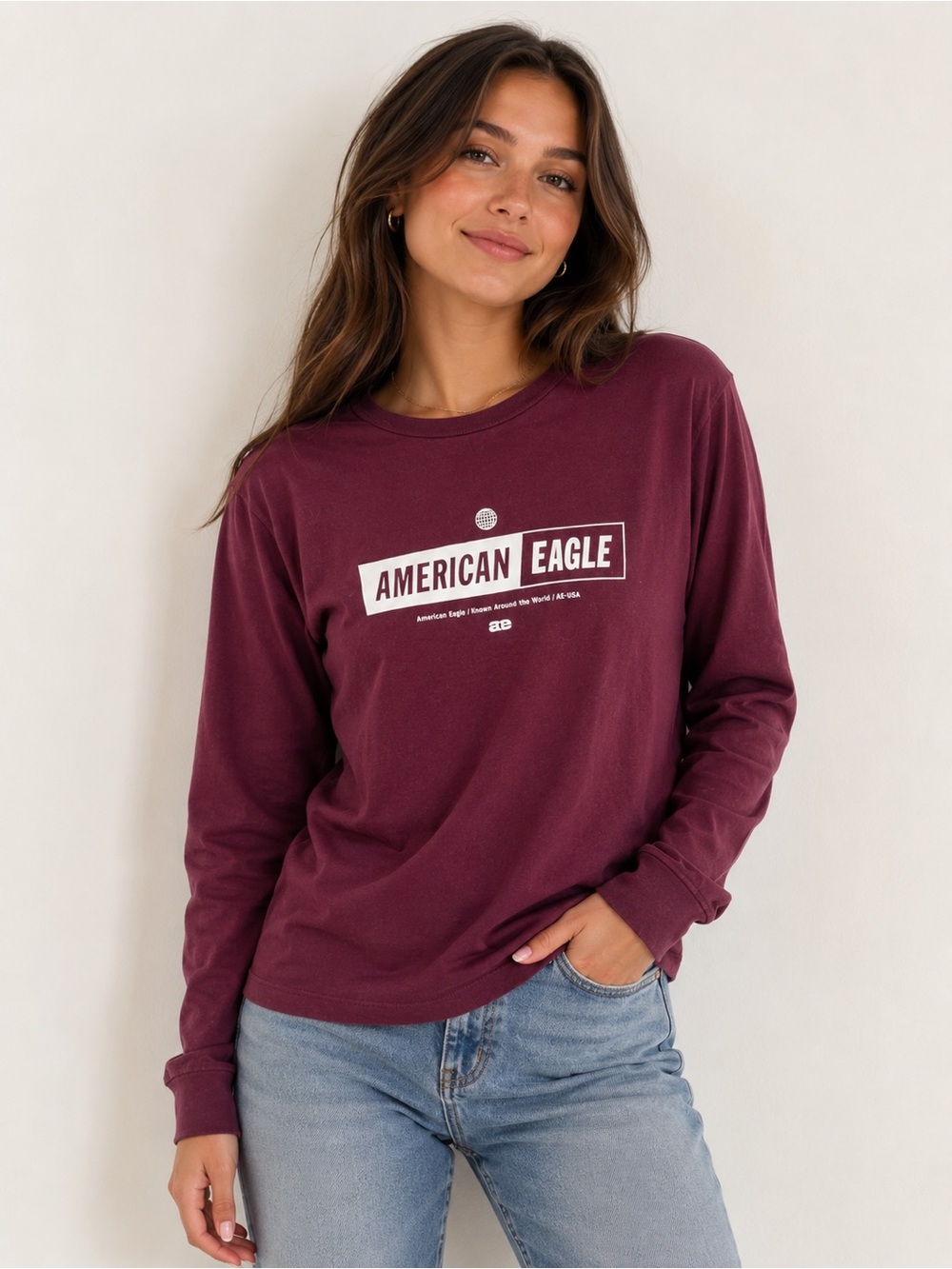 American Eagle Oversized Graphic Long Sleeve Tee Burgundy Size S Unisex